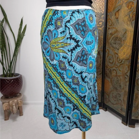 Silk Paisley Bias Midi Skirt Blue Yellow Y2K Slip Skirt The Limited Fairycore‎ S - Picture 9 of 9